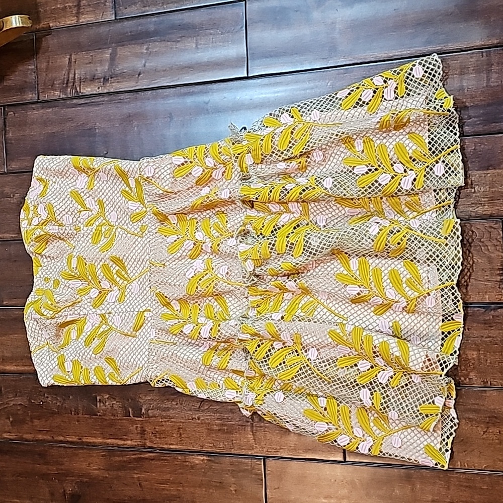Eva Franco Yellow and Pink Strapless Floral Lace Dress